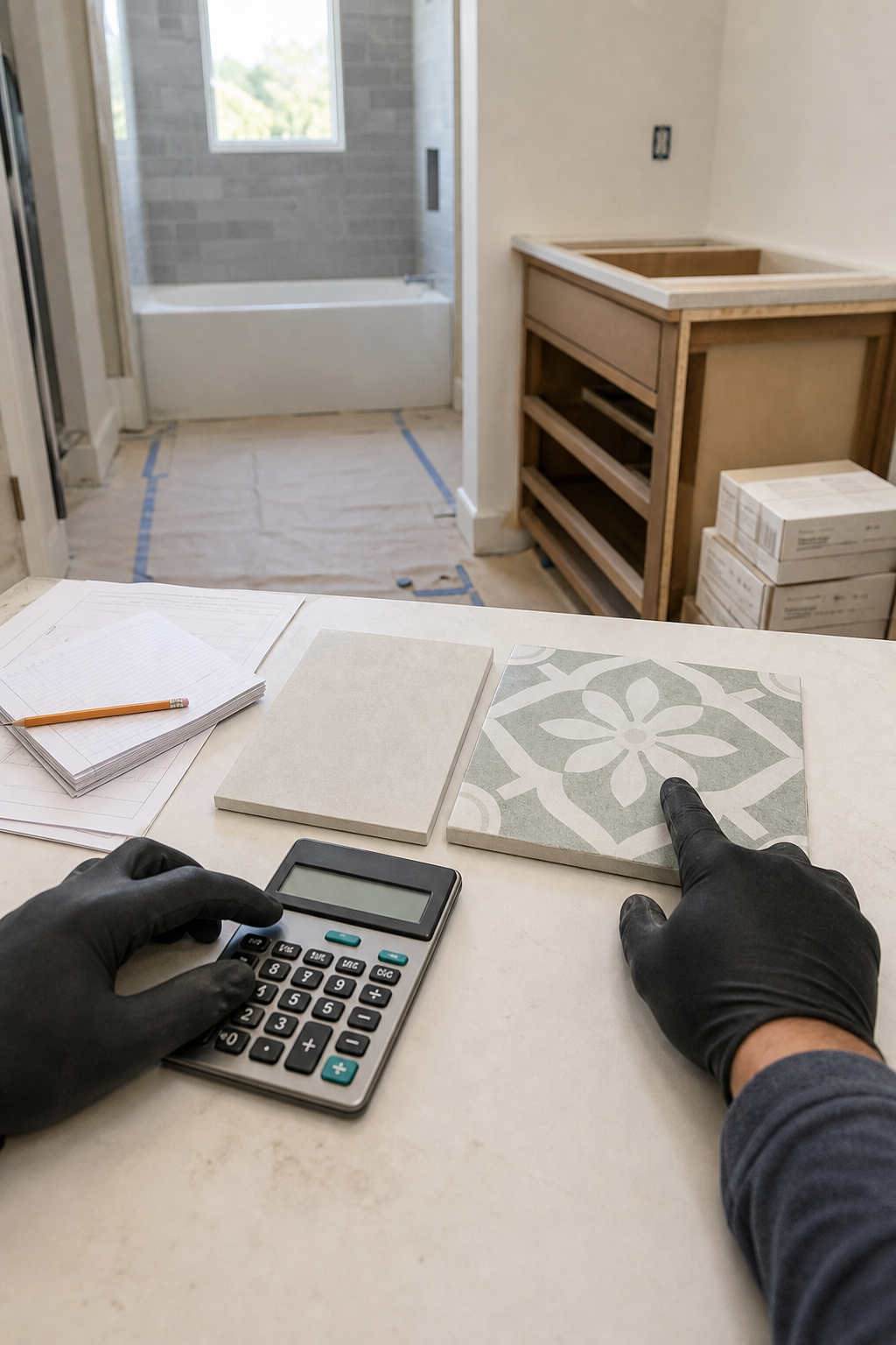 A contractor calculates the cost difference between standard and upgraded tile selections.