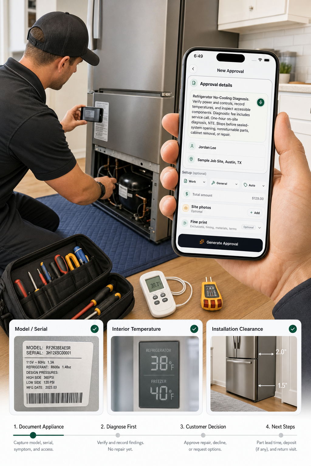 An appliance technician uses JobSign to authorize refrigerator diagnosis while documenting model, serial, temperature, and installation clearance.