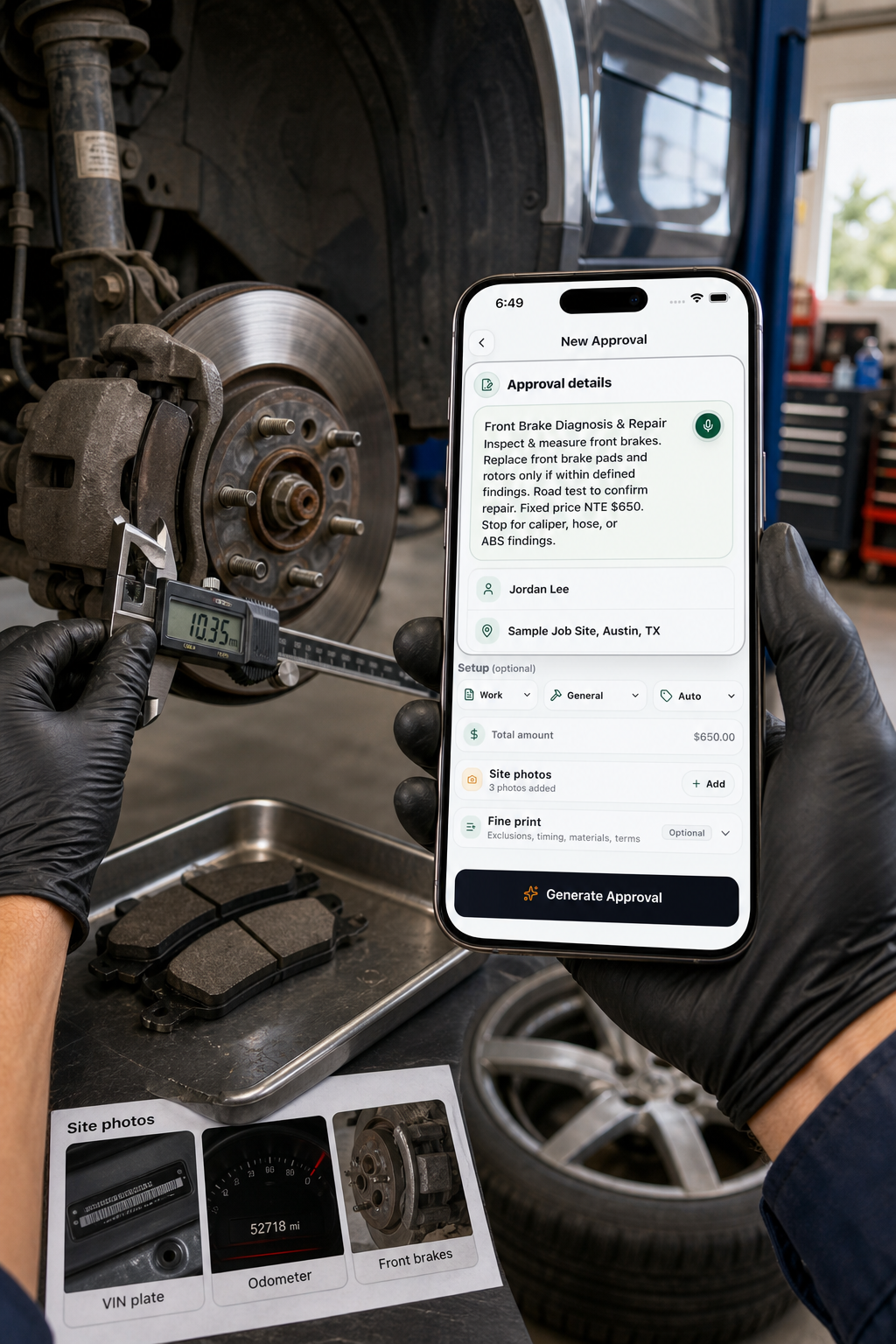 A mechanic uses JobSign's Auto approval screen while measuring a front brake assembly and documenting VIN, odometer, and brake photos.