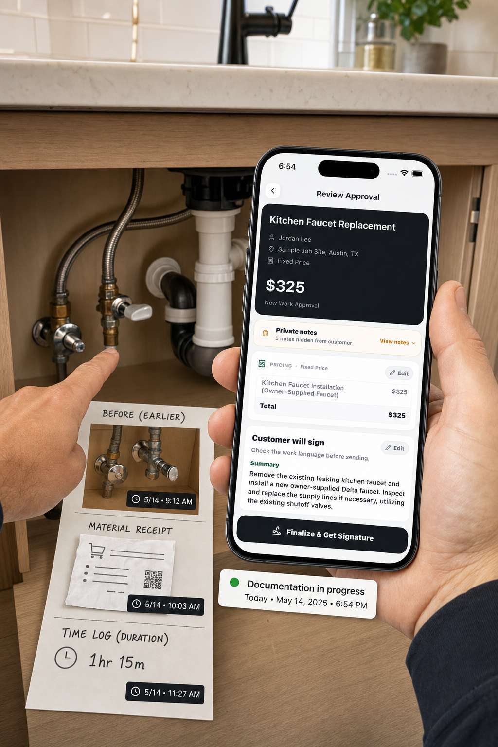 A contractor uses the JobSign Review Approval screen beside completed plumbing and earlier photo, receipt, and time evidence while documenting the record today.
