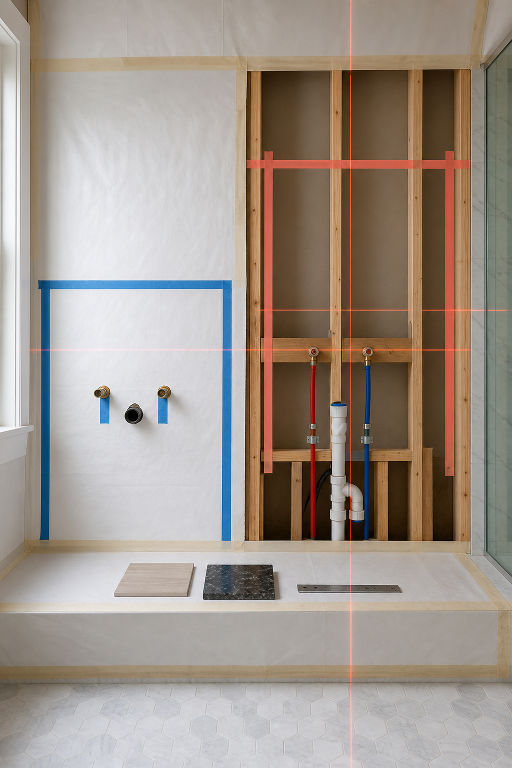 Original and revised bathroom plumbing areas are marked with contrasting boundaries, laser lines, and material samples.