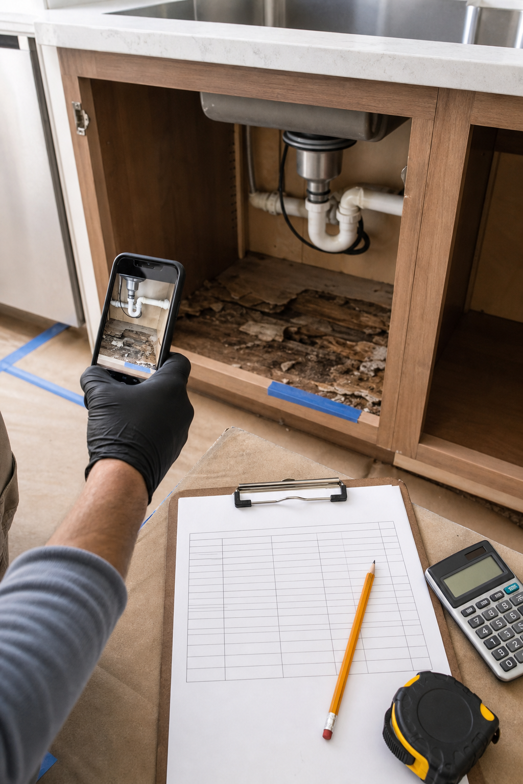 A contractor documents a discovered condition beside a change-order worksheet.