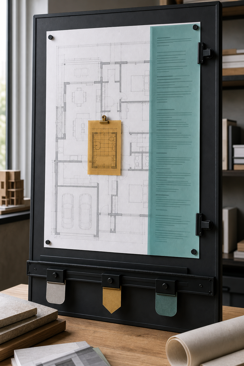A localized amber plan overlay contrasts with a full-height teal contract-term overlay on a drafting board.