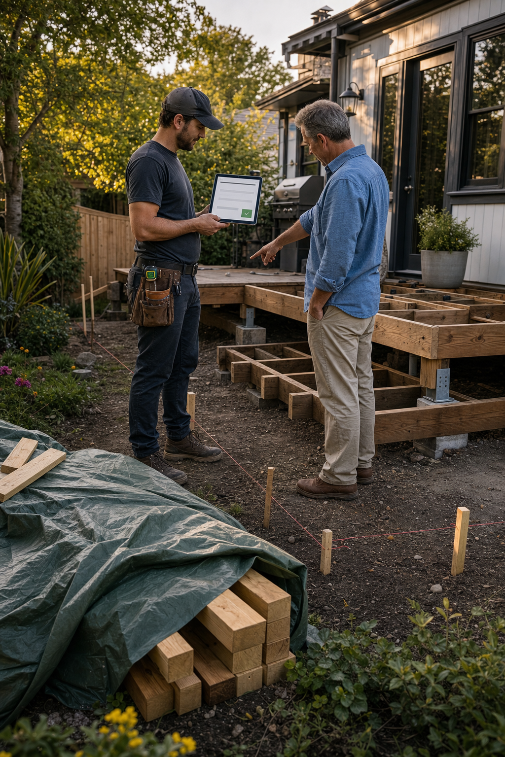 A deck contractor and homeowner review an estimate beside the measured project area.