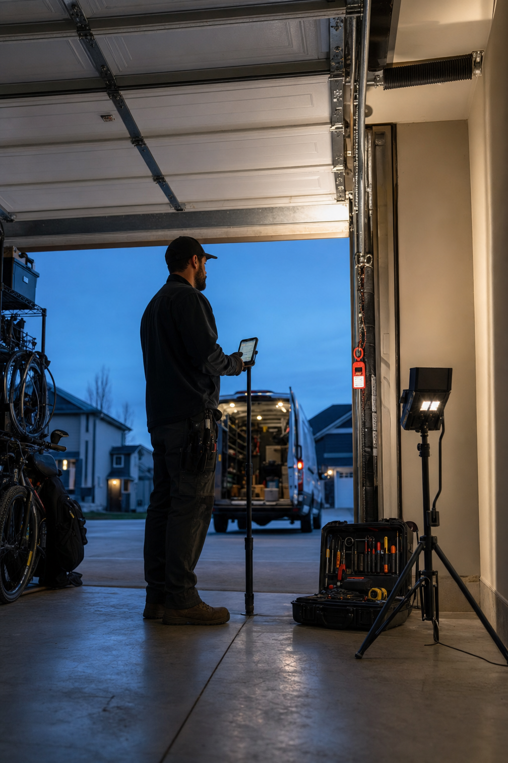 A garage-door technician verifies a work order and safely sets up an evening service visit.