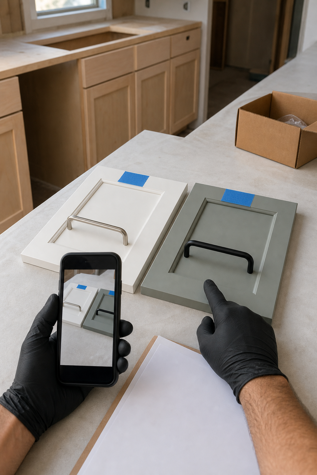 A contractor documents original and revised cabinet finish and hardware selections.