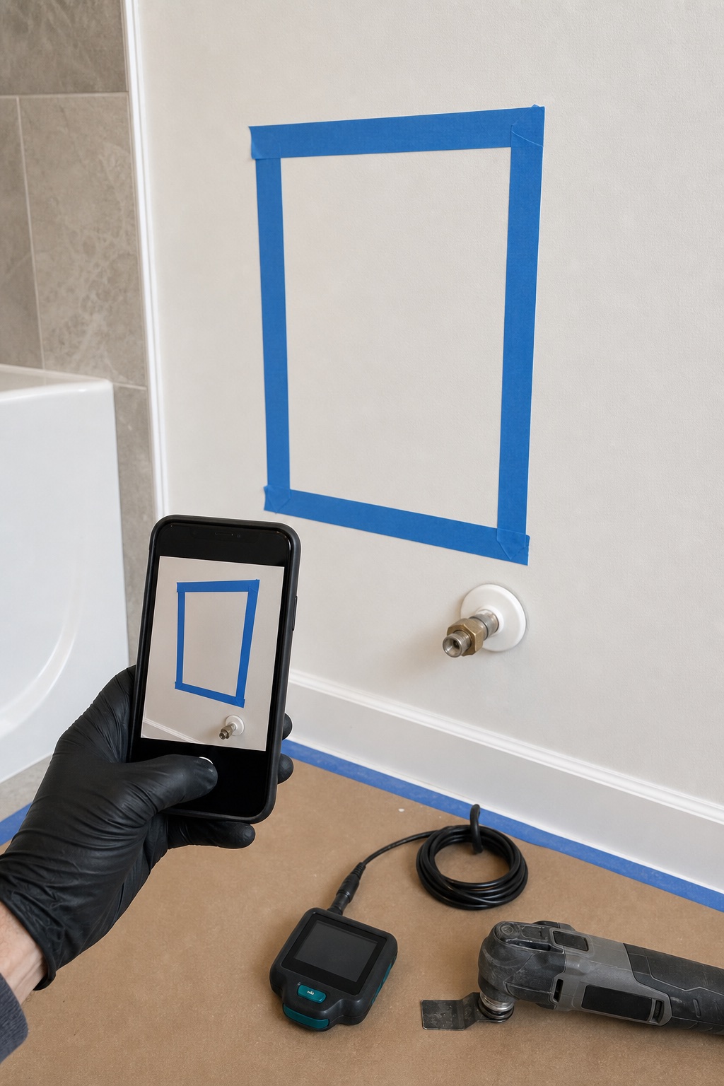 A contractor documents a planned exploratory wall opening before cutting.
