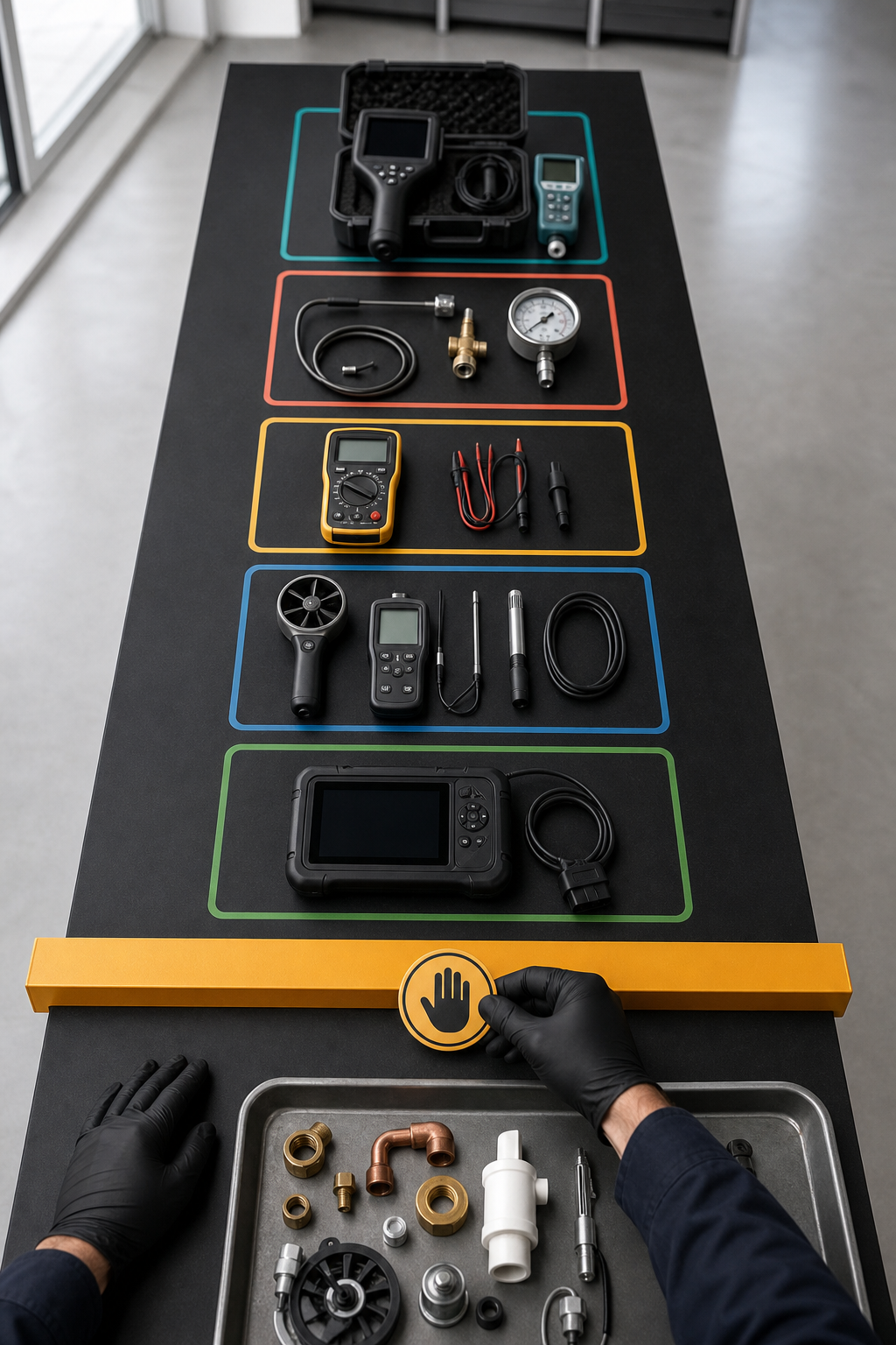 Five diagnostic tool kits stop at an amber boundary before a separate tray of replacement parts.