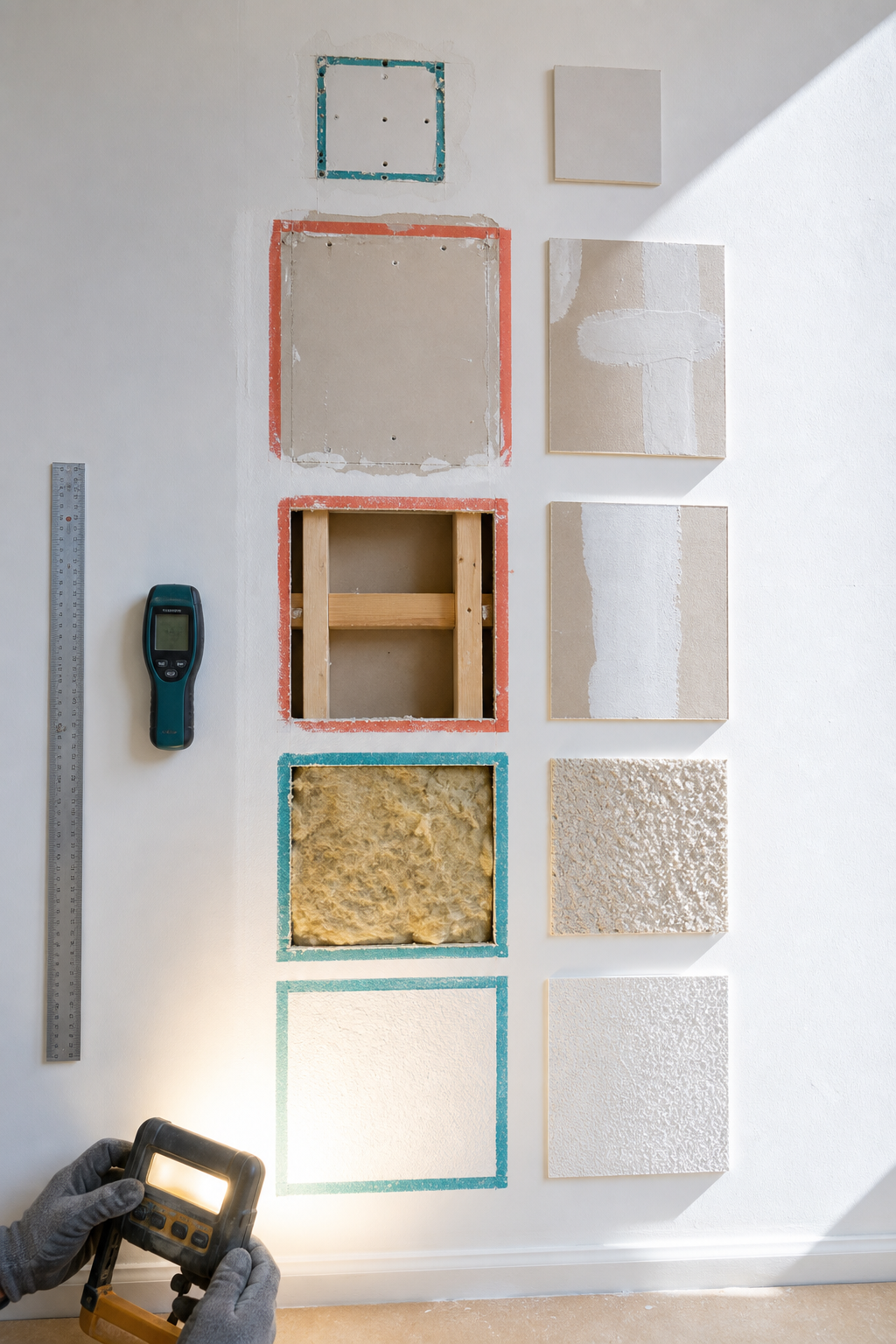 Five measured drywall repair conditions and texture samples are evaluated under a raking work light.