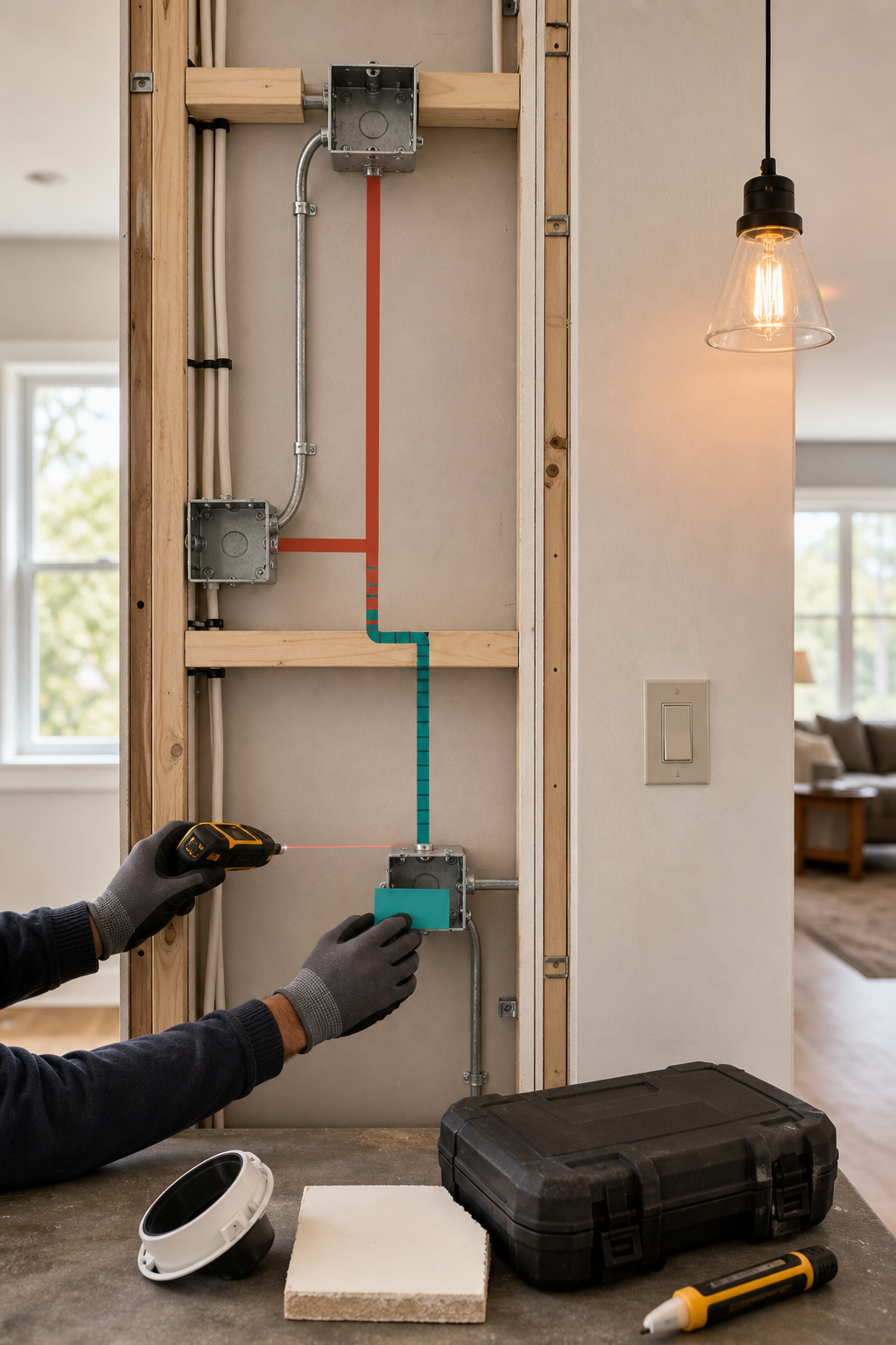 A full-height electrical wall mockup shows original and revised device routes while a technician measures a new box location.