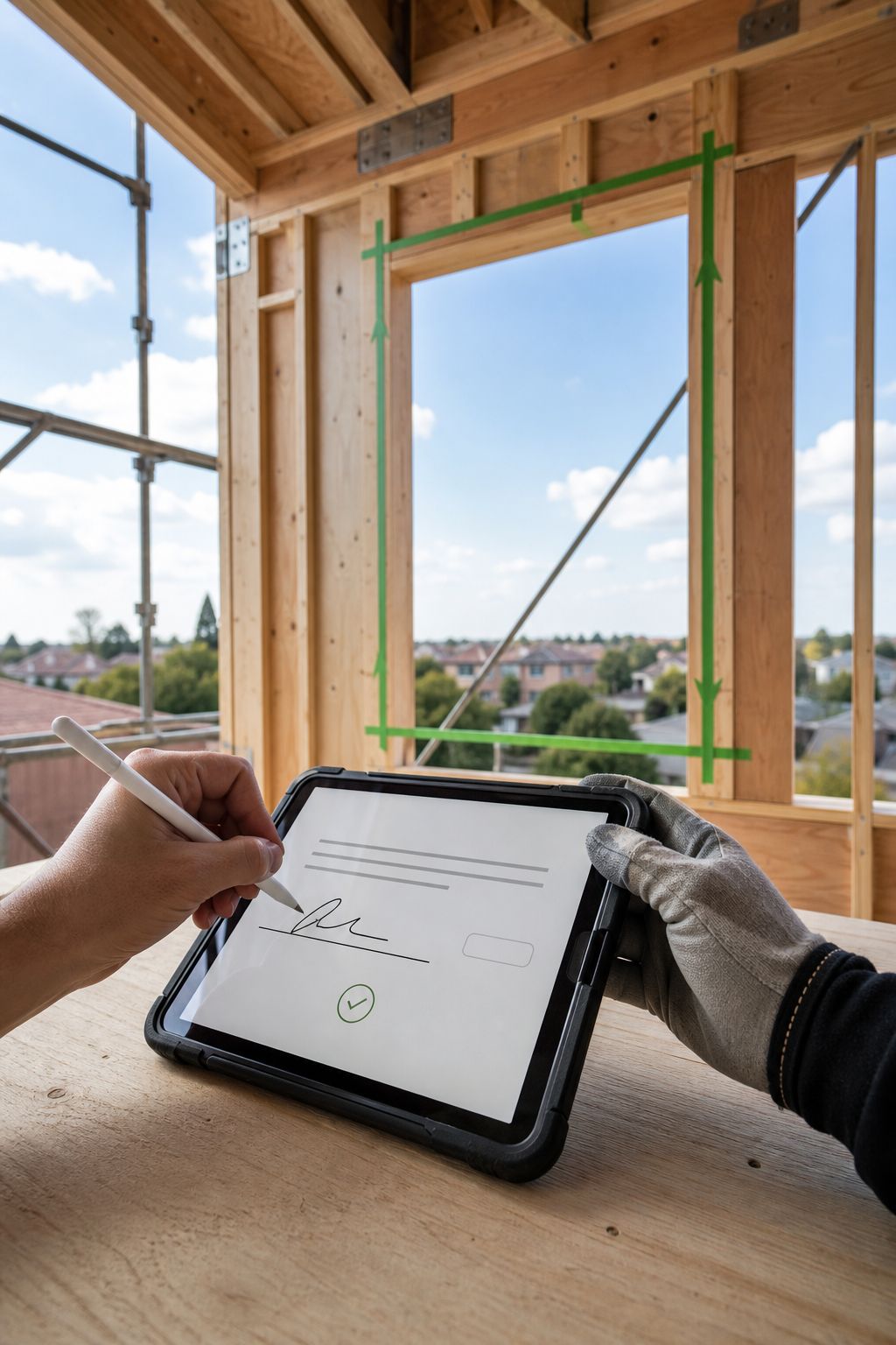 A homeowner signs a contractor approval on a rugged tablet while a marked framing change remains visible behind it.