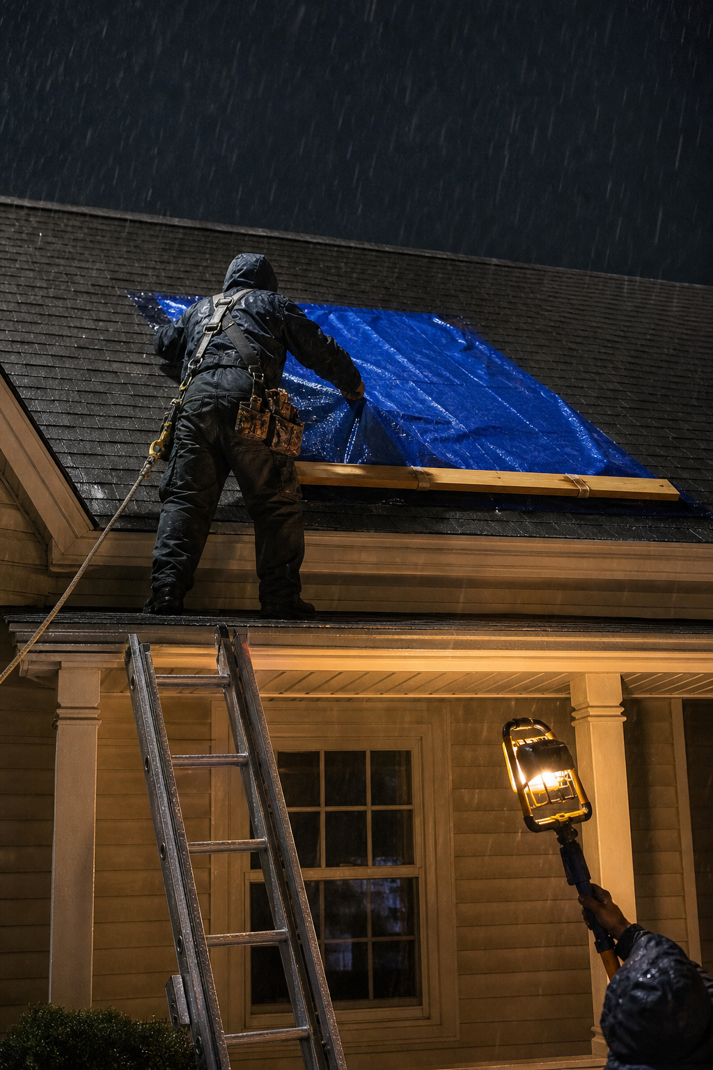 Roofers secure a limited temporary tarp over storm damage during a rainy nighttime emergency response.