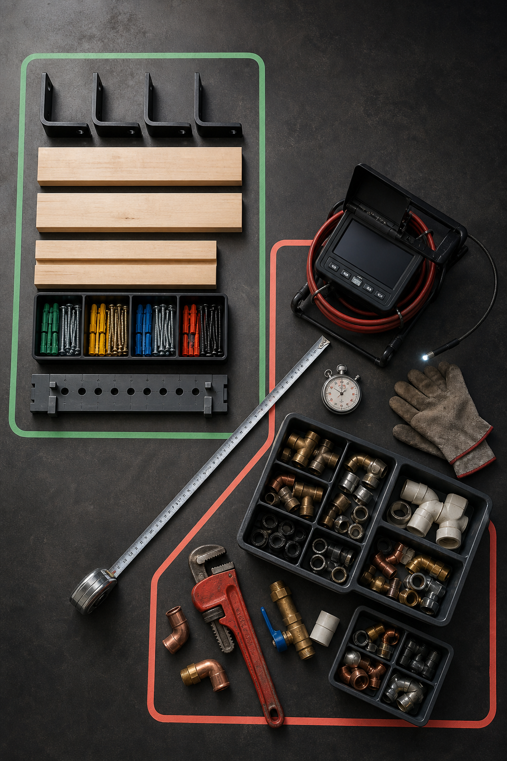 An exact closed installation kit contrasts with an open diagnostic repair kit, connected by a tape measure.