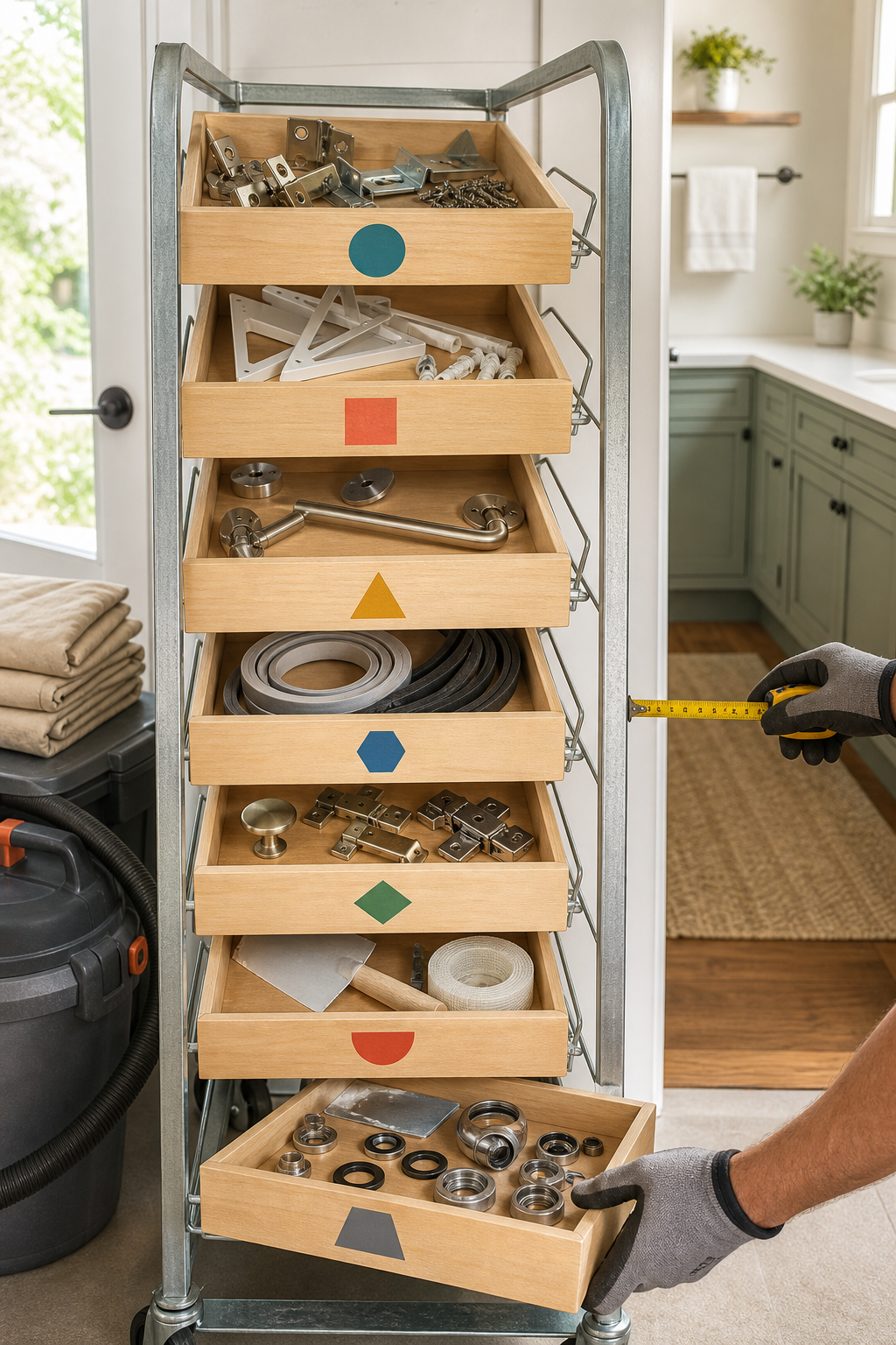 Seven organized repair kits fill a rolling service cart, each tray representing one clearly bounded small task.