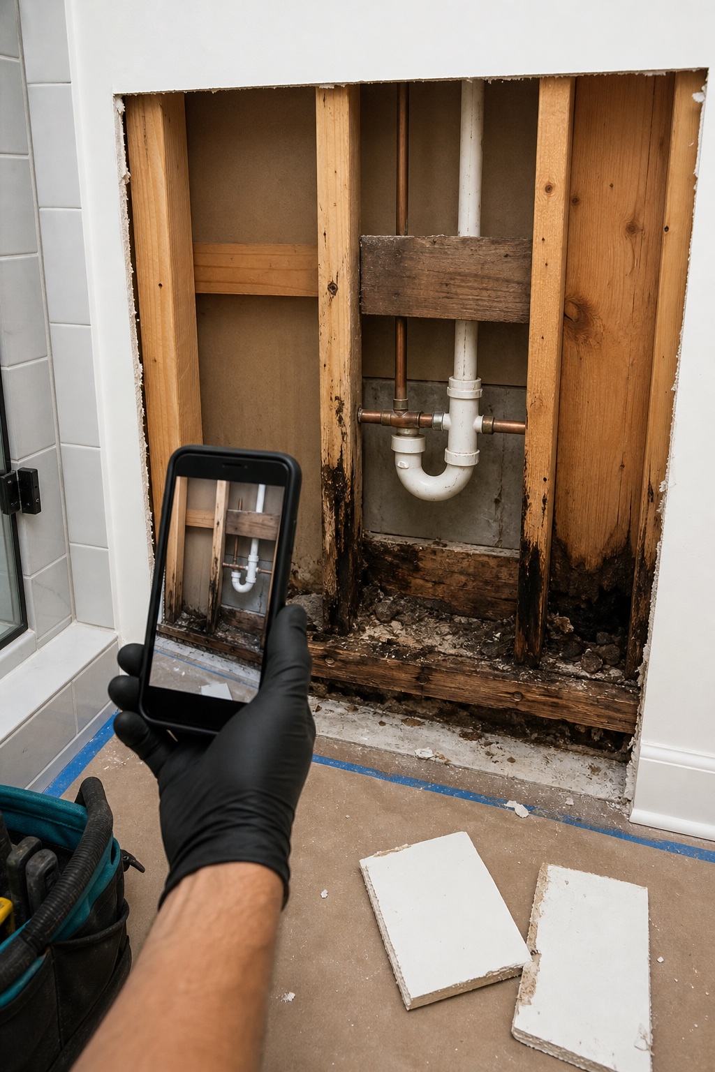 A contractor photographs concealed water damage inside an opened wall.