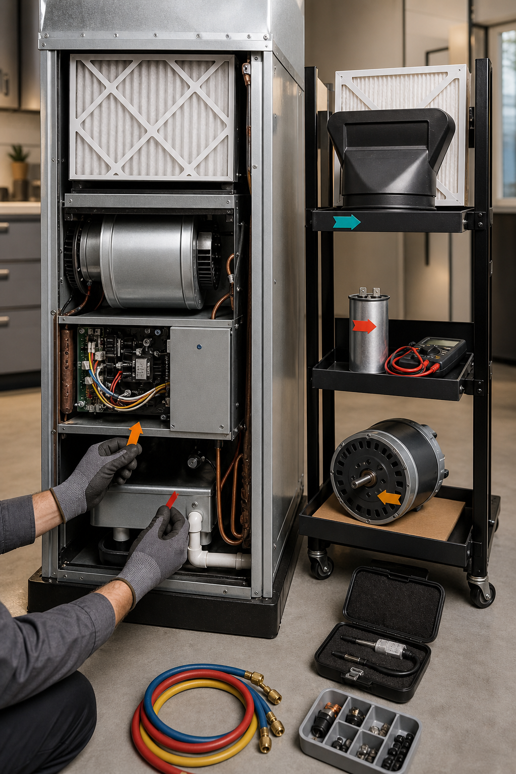 An open air-handler cabinet and component rack separate airflow, capacitor, blower, and diagnostic decision points.