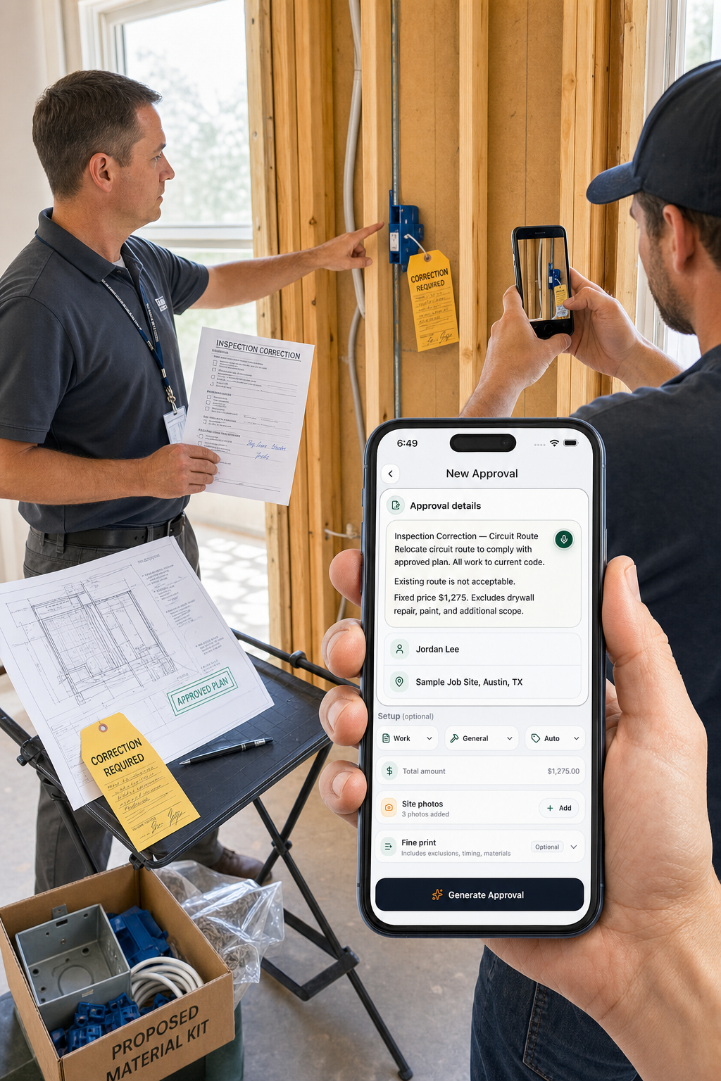 An inspector identifies a tagged correction while a contractor photographs it and drafts the priced correction approval in JobSign.