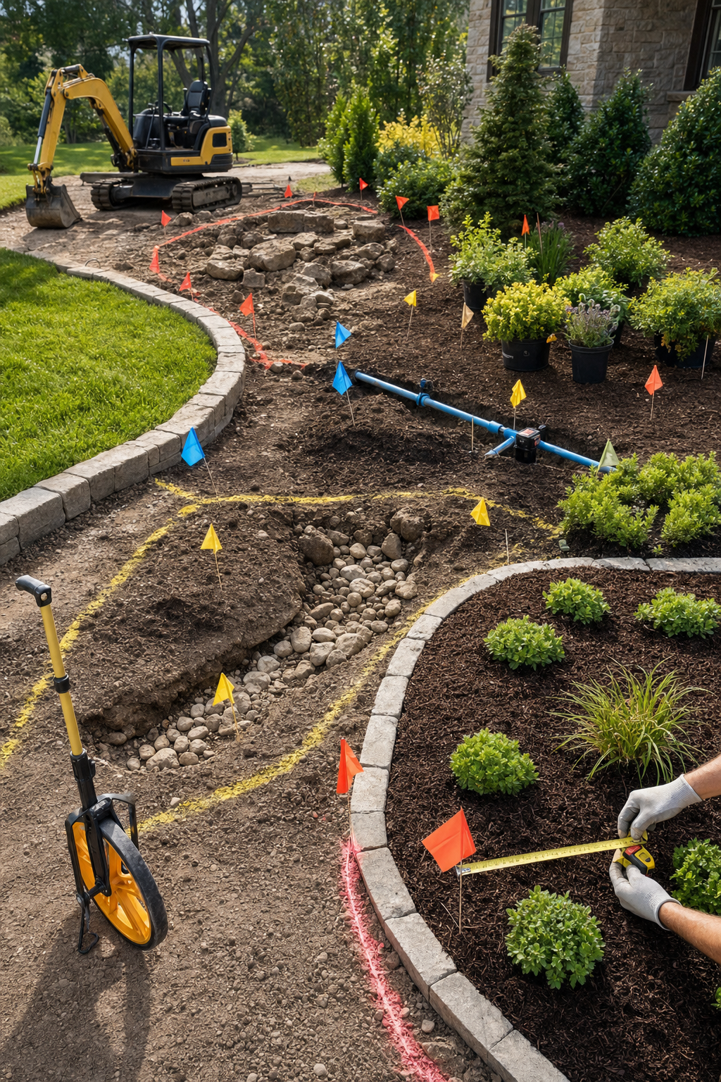 A landscape site shows marked rocky soil, irrigation, drainage, plant substitutions, edging, and measured quantity zones.