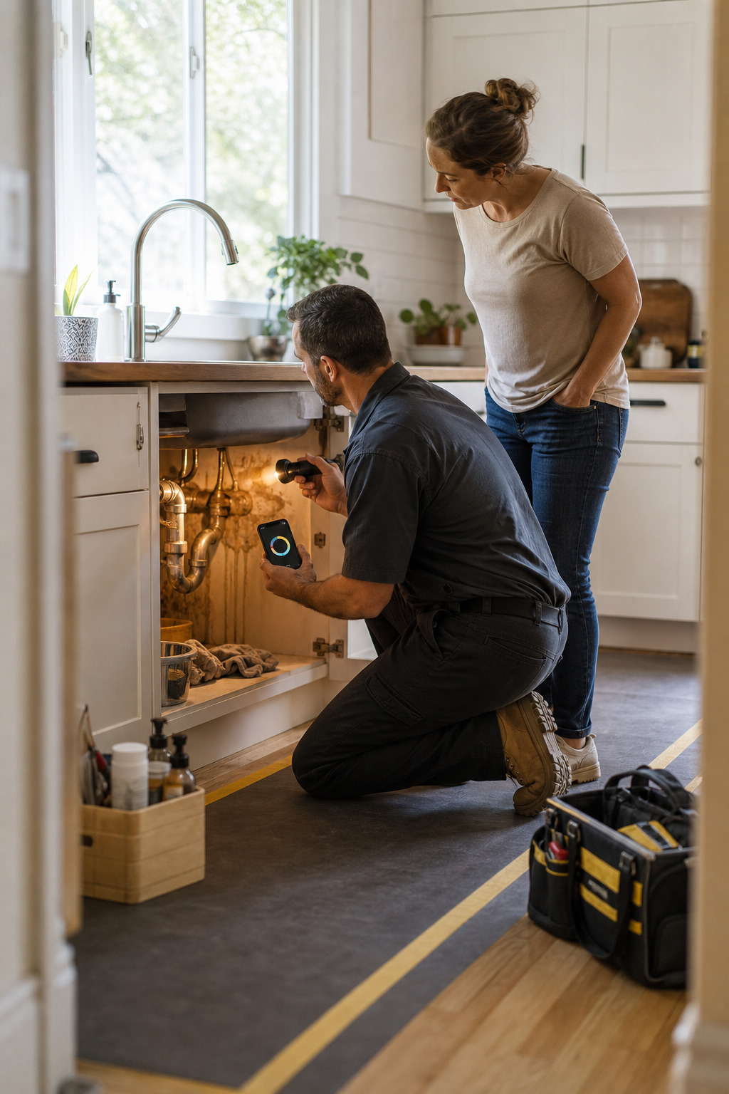 A contractor shows a homeowner an uncertain plumbing condition before proceeding under a spending limit.