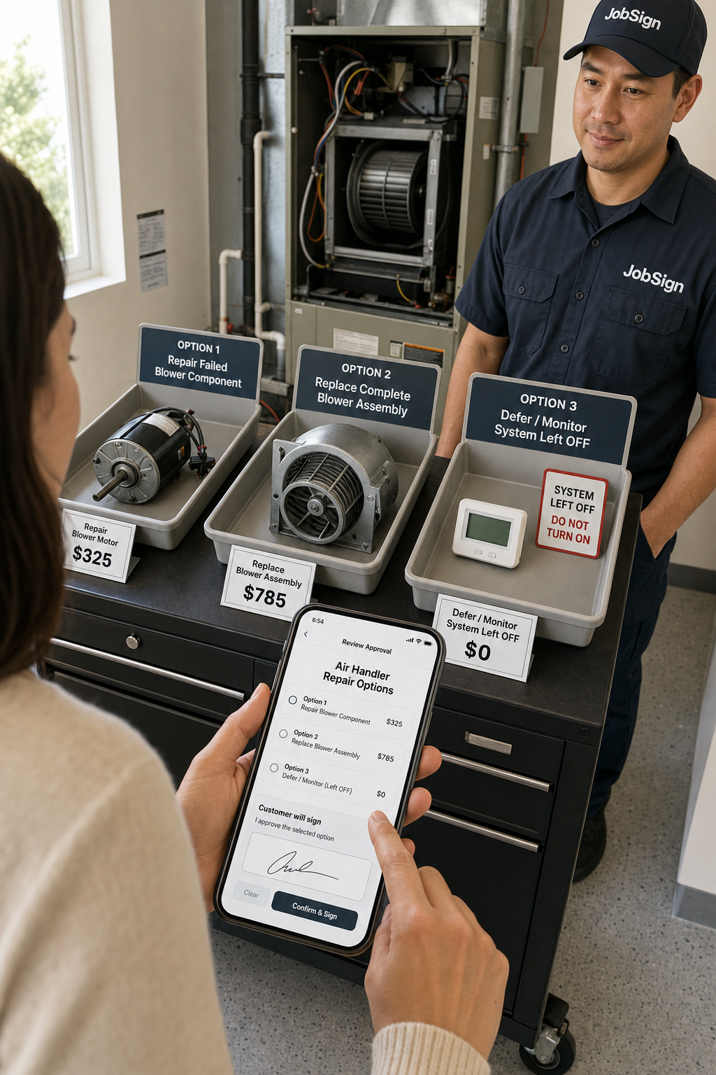 A customer compares three physical air-handler repair options and their prices while selecting an option in JobSign.