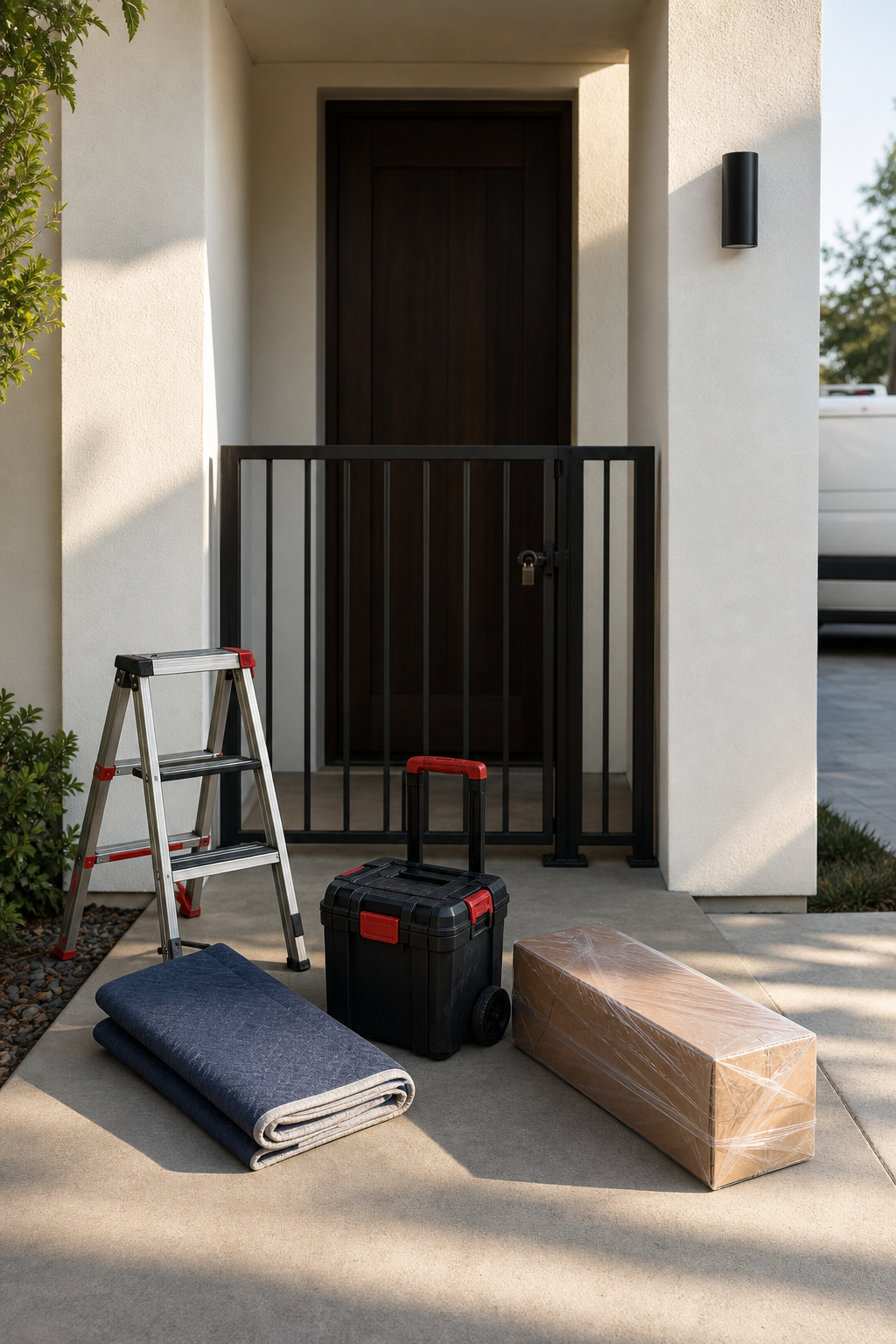 A prepared tool case, protected material, ladder, and floor covering wait outside a locked residential entry.