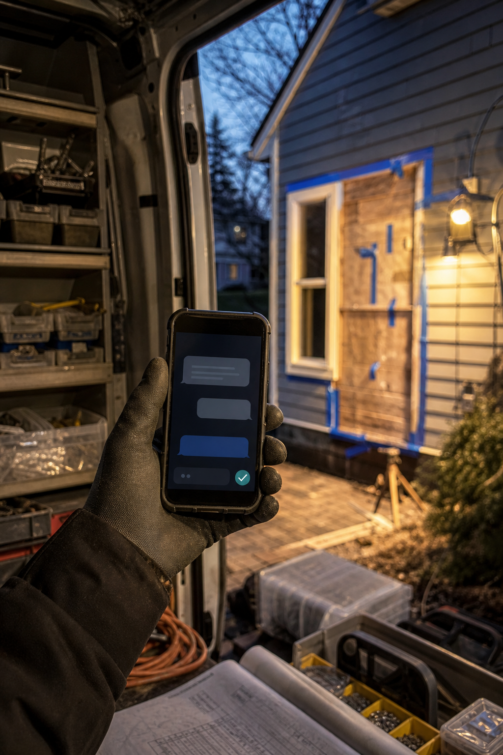 A contractor views a generic message confirmation from a service van while the changed repair area remains visible beyond the phone.
