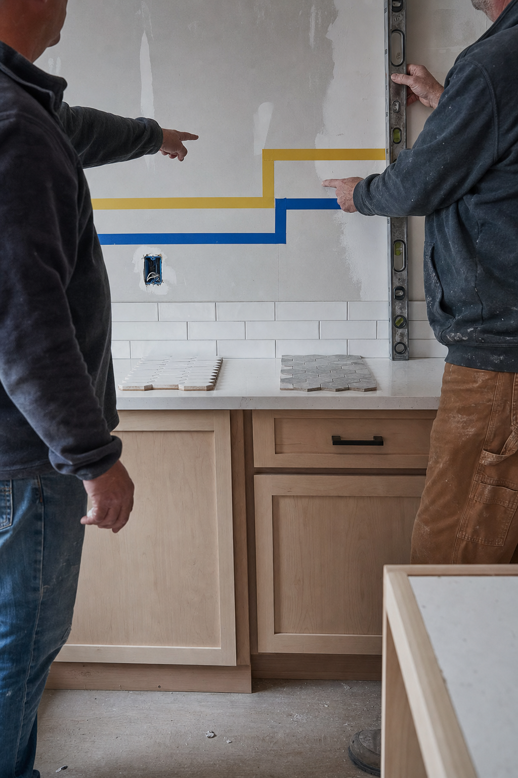 A homeowner and contractor point to two different taped backsplash boundaries during an on-site conversation.