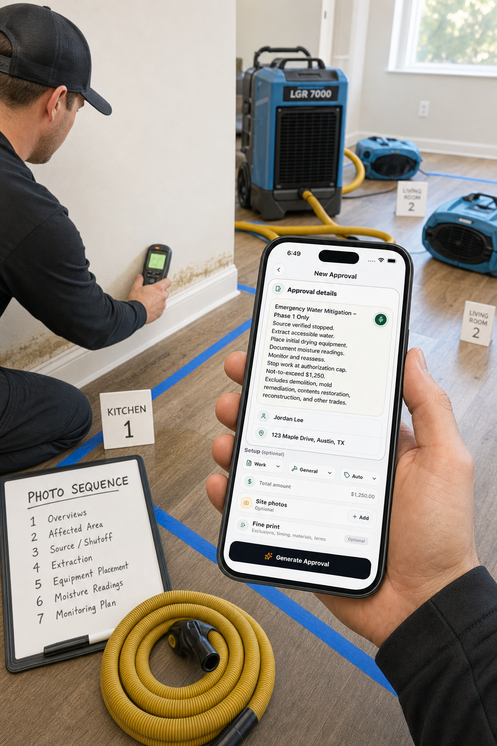 A restoration professional creates a Phase 1 emergency water mitigation authorization in JobSign while documenting moisture and staged drying equipment.