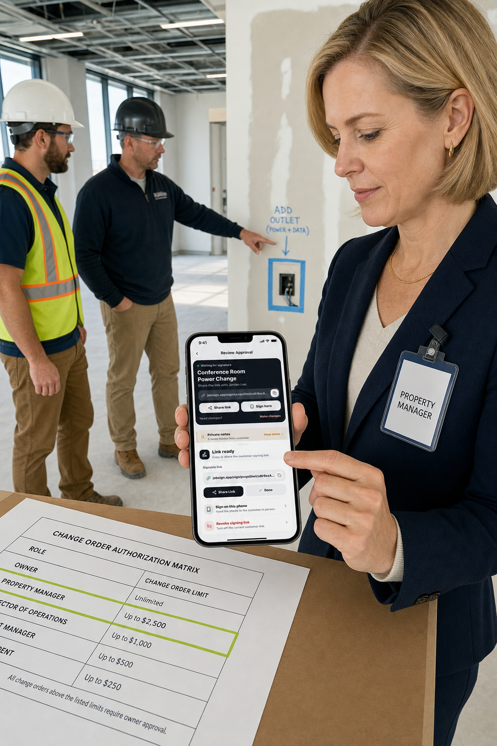An authorized property manager reviews a JobSign change approval beside a role-and-dollar-limit matrix while contractors identify the changed work.