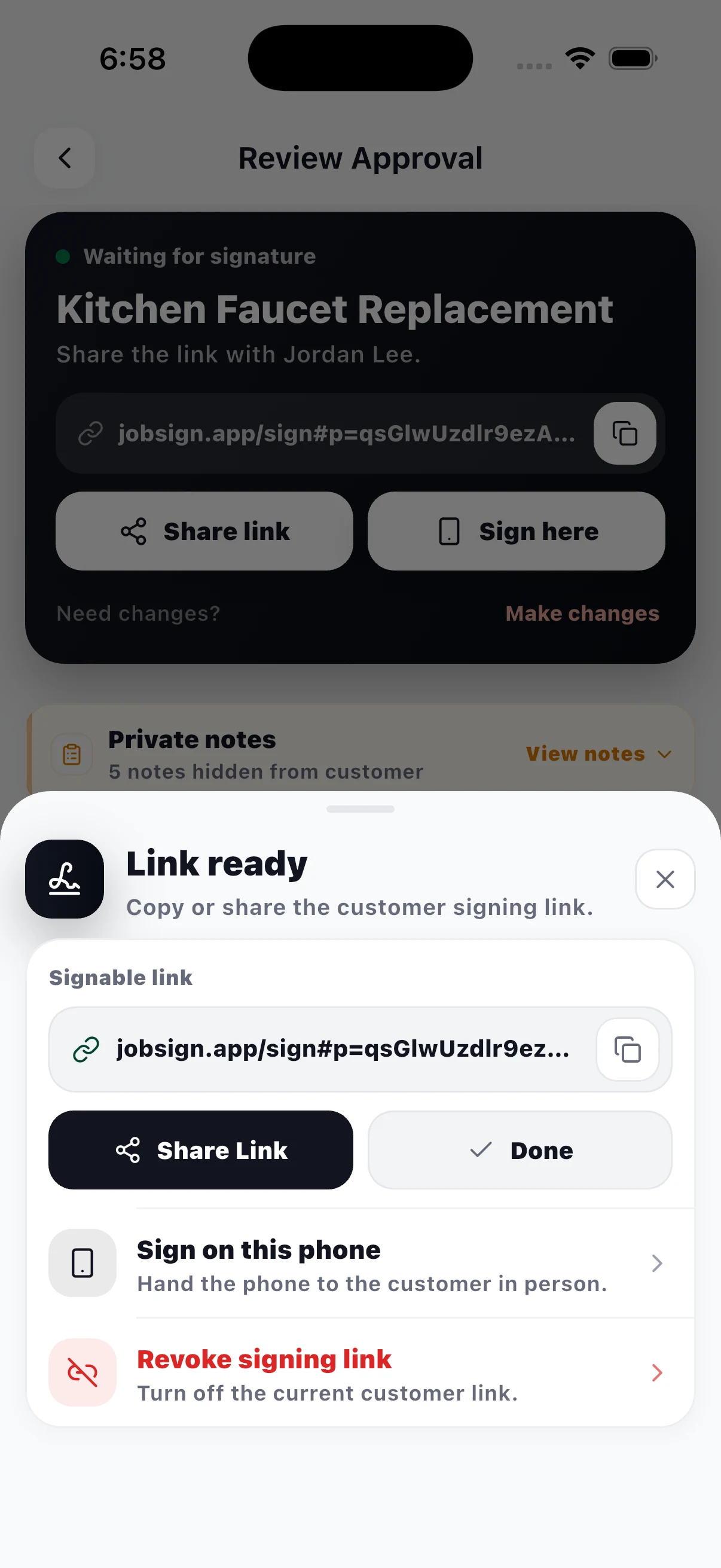 JobSign signature options screen.